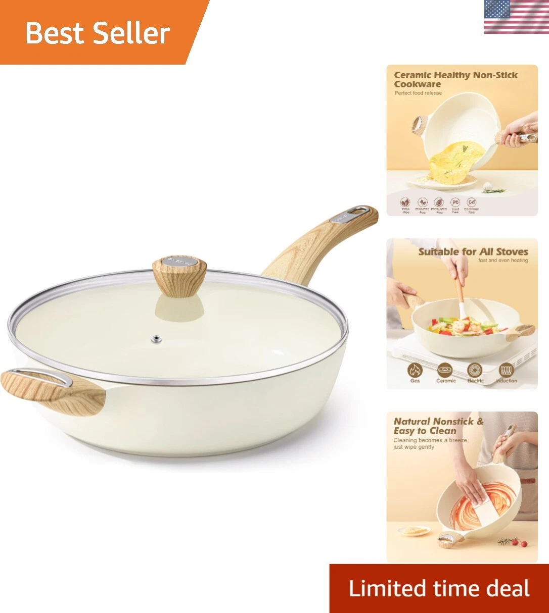 5 Qt Deep Ceramics Fry Pan with Temperature Resistant Lid - Versatile Cooking