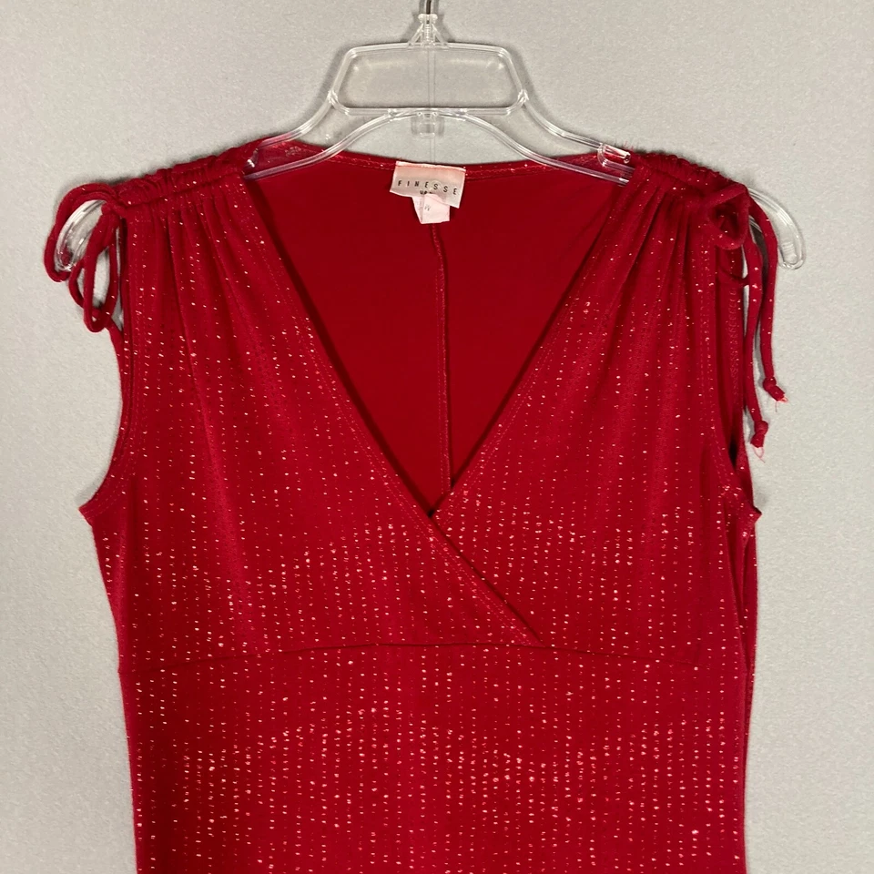 复古 90 年代 Y2K Midi 连衣裙红色闪光磨砂袖 M 码弹力  — 第 2/4 张图片