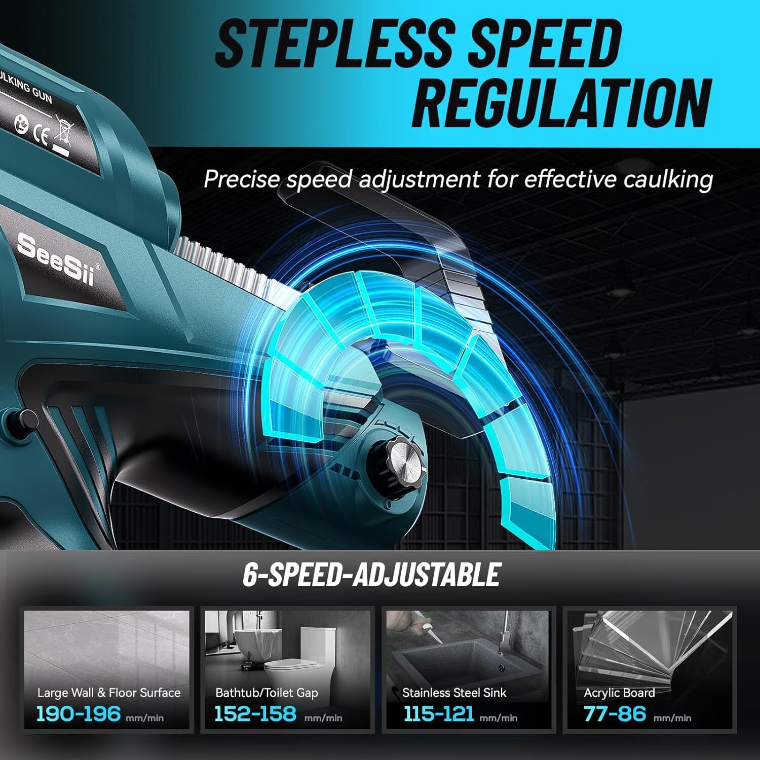 Seesii Cordless Caulking Gun 10 Oz/300ml Electric Silicone Gun w/ LED 2x2.0AH