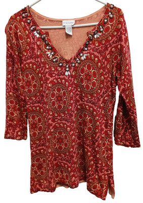 Soft Surroundings Sweater Womens Small Floral Beaded BOHO Cottage Flare Sleeve