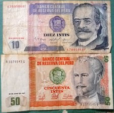 PERU FOUR NOTES  10 - 50 - 100 - 1000 INTIS FROM 1986 - 1988 ISSUES