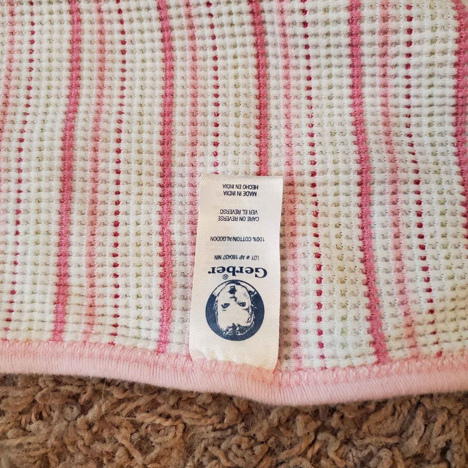 GERBER Thermal 100% Cotton Waffle Weave Pink White Stripe Security Baby Blanket