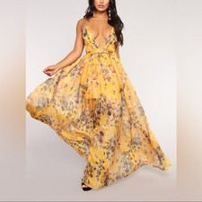 Fashion Nova Yellow Floral Maxi Dress Women's Size Small Backless Flowy Gown