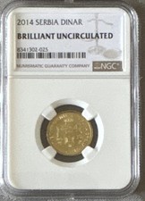 Serbia 2014 1 Dinar Gold Coin NGC Certified Brilliant Uncirculated B341302-025