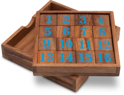 Slide 15 – Schiebespiel mit blauen Zahlen aus Holz für 1 Spieler - Bild 1 von 4