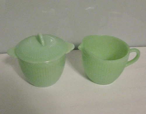 Vintage Fire King Jadeite Jane Ray Creamer and Sugar Bowl w/Lid -Prime Set