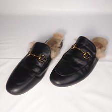 Gucci Princetown Leather Fur Lined Mules Flats Horsebit Loafers EU 41 US 10