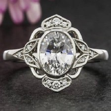 Art Deco Style Oval Lab Created Diamond 14K White Gold FN Filigree Wedding Ring