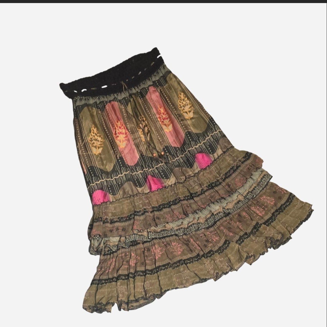 Free People Multicolor Floral Tiered Ruffle Midi Skirt Pull On Elastic Waist M