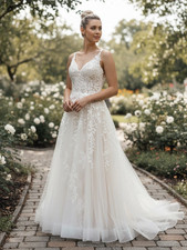 Morilee Wedding Dress Size 10 Ivory Lace Appliqué Beaded Low Back Boho Bridal