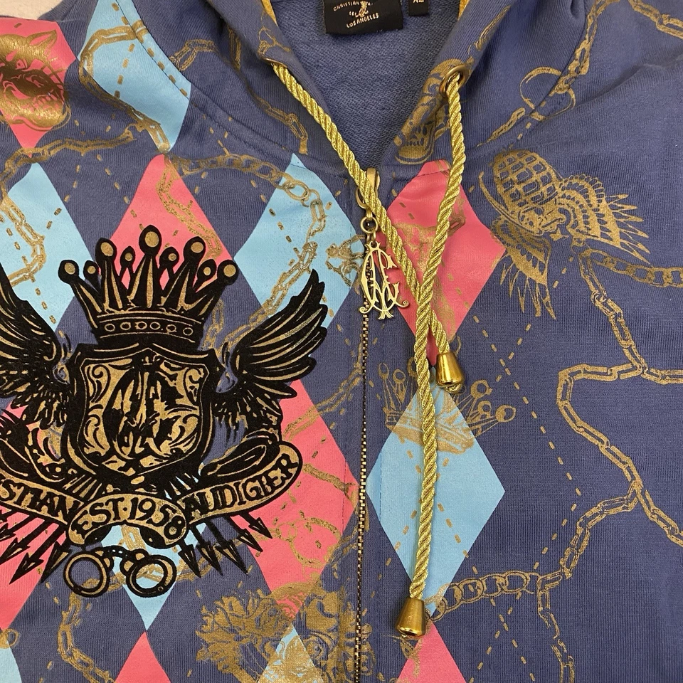 Christian Audigier Argyle Vintage Y2K Cremallera Completa Satén Sudadera con Capucha XL Foto 4 de 4