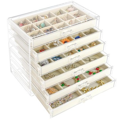 Acrylic Jewelry Box with 6 Drawers, Clear Earring Storage Organizer Display C...