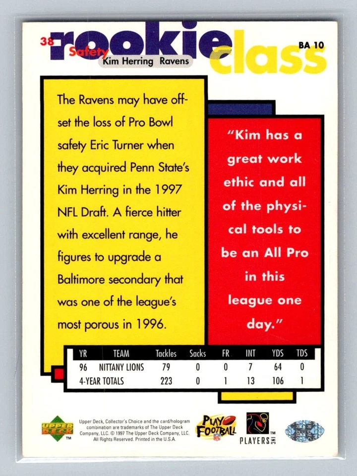 Kim Herring #38 1997 Collector's Choice Baltimore Ravens RC - Image 2 of 2