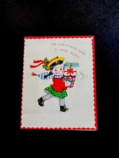 1 Norcross Vtg Xmas Greeting Card a Very Early Susie Q  All Dressed Up W/ 🎁