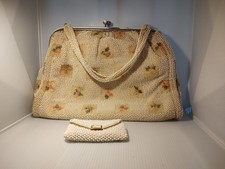 Vintage Lumured Petite-Bead Beaded Floral Handbag W/mirror Pouch Beautiful