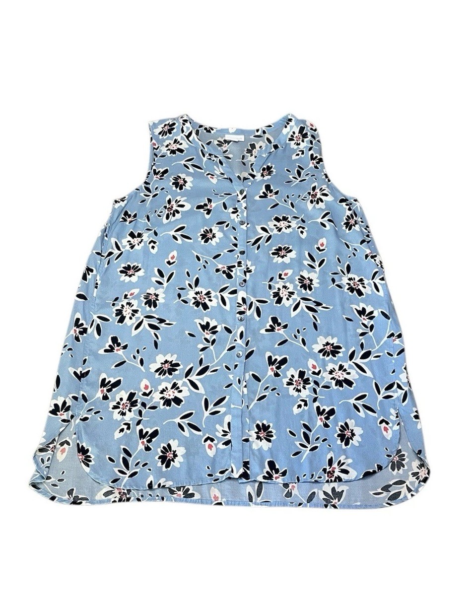 J Jill Blue Floral Sleeveless Shirt Dress, V-Neck Button Front, Size L