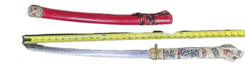 Hoja de Acero Katana Japonesa Cabeza de Dragón Samurai Katana Espada con Funda Roja 34" Foto 2 de 4