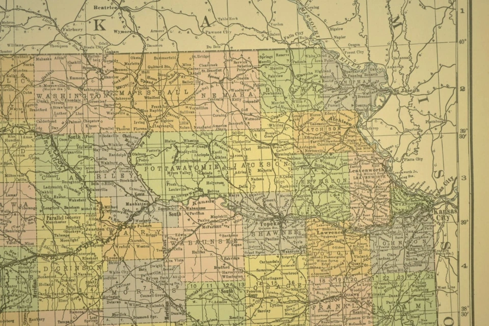 Vintage KANSAS Mapa Ferroviário Arte de Parede Linhas Ferroviárias Elétricas Antigo Original - Imagem 4 de 4