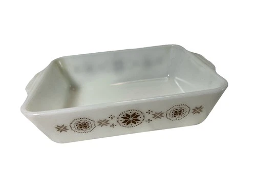 VINTAGE PYREX 13 1.5 QT SQUARE PAN BROWN SNOWFLAKES TOWN & COUNTRY PATTERN