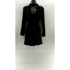 ZARA Women's Black Textured Smocked-Waist Long Sleeve V-Neck A-Line Dress SZ M