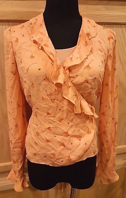Rena Rowan 100% 2pc Silk Peach Floral Ruffle Wrap Blouse w/tank Top, 4R - $129