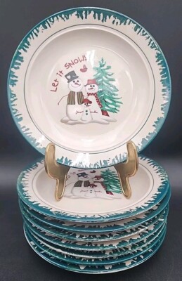 8-Vintage Atico ''LET IT SNOW'' Snowman Bread/Dessert Plates Christmas Dinnerware 