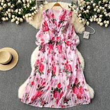 Retro Dress Women Flowers Printed Chiffon Fairy V-neck Long A-line Pleated Dress
