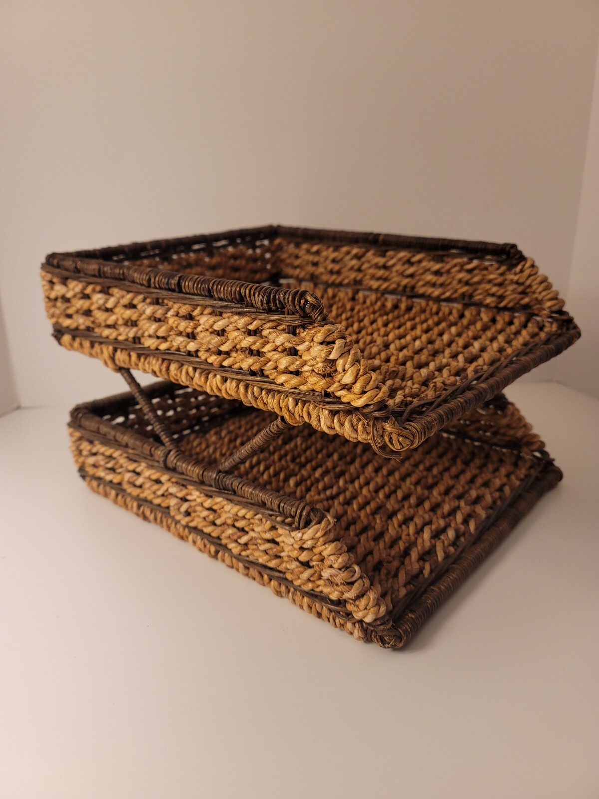 2 Tier Rattan Wicker Paper Holder Letter Tray Office Desk File Organizer-image
