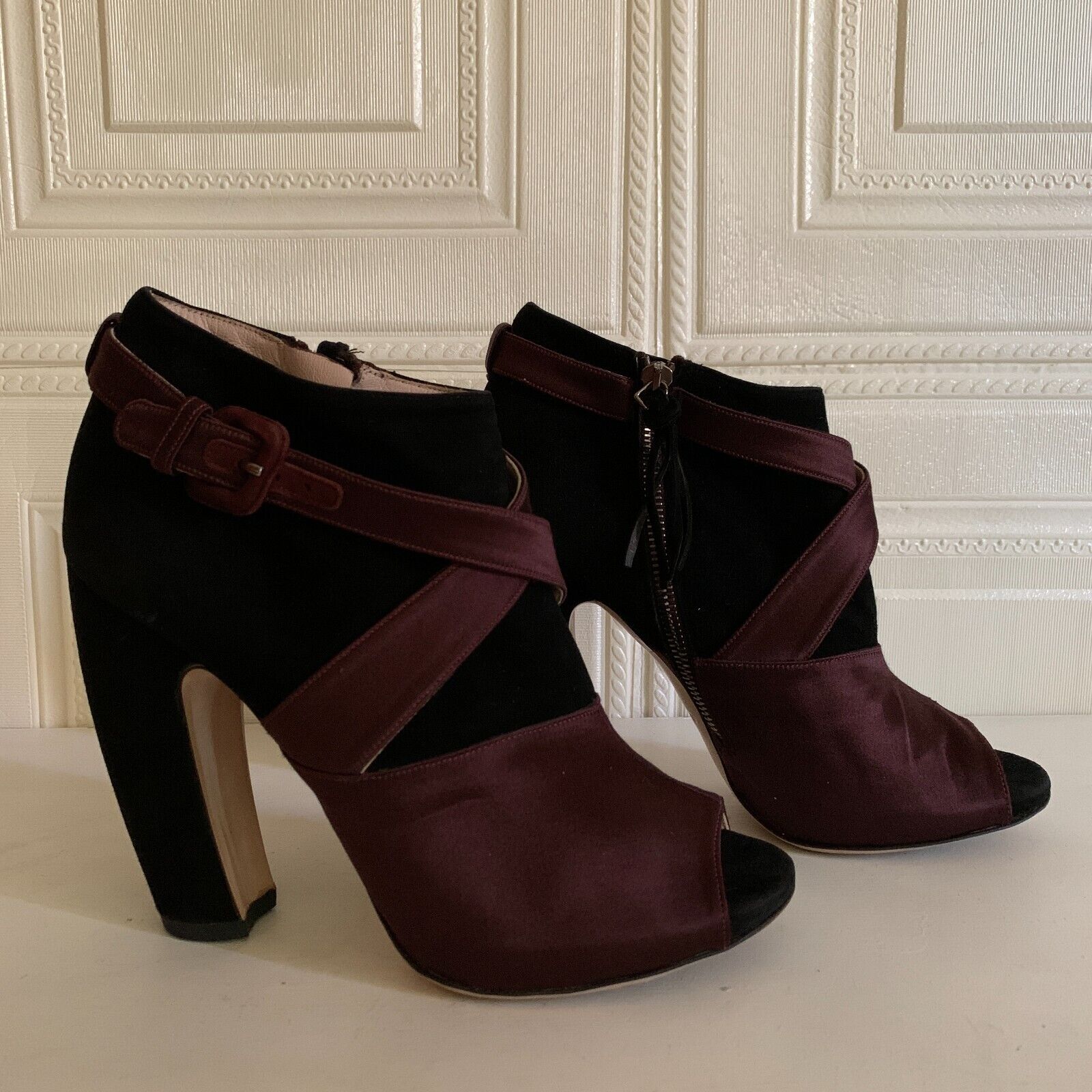 MIU MIU Black suede burgundy satin heeled booties - image 1