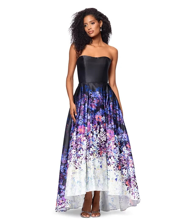 Betsy & Adam Ombr Floral Strapless High Low Ball Gown in Black/Floral at Nordstrom, Size 6