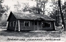 Vintage RPPC Photo MI Postcard Perma Log House Company Advertisement Mio