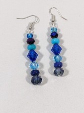 Artisan Shades of Blue Gray Glass Bead Stcked Dangle Hook Earrings