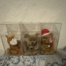 Ty Beanie Babies Bear Plush Set of 3 in Display Cases, Holiday Bear Hat