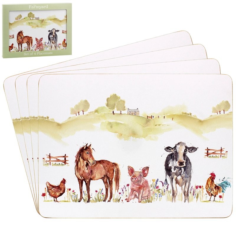 Placemats Set of 4 Farmyard Animals Cork Back Heat Resistant Floral Design