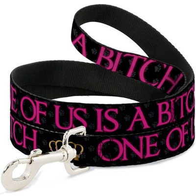 Dog Leash ONE OF US IS A BITCH Crown/Paws Black/Gray/Pink NARROW 0.5''