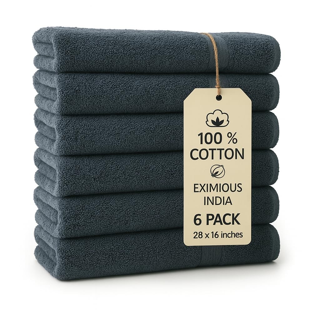 100% Cotton Hand Towel Set of 6, (16 x 28 inches) Sustainable, Soft, Highly A...