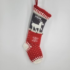 Vintage Knitted Red Gray White Reindeer Christmas Stocking