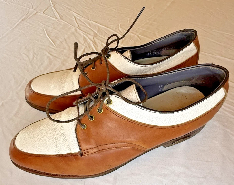 Footjoy Classic 1980's Golf Shoes Men's White Brown 10.5 Spikes Handcrafted USA - Image 3 of 4