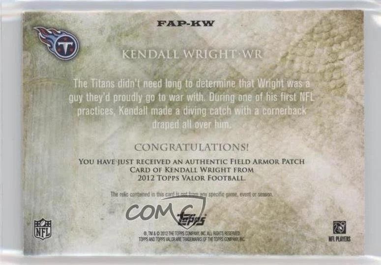 2012 Topps Valor Field Armor Discipline /25 Kendall Wright Rookie Patch RC - Image 2 of 2