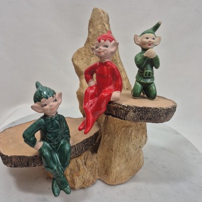3 Vintage Impish 1950's Japan Ceramic Porcelain Pixie Elf Elves  Figurine 