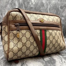 GUCCI GG Leather Shoulder Bag Brown Beige Gold Hardware Logo From Japan