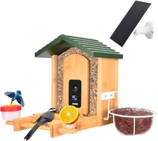 Smart Bamboo Bird House with Camera, Solar Powered, AI Identification, Live View