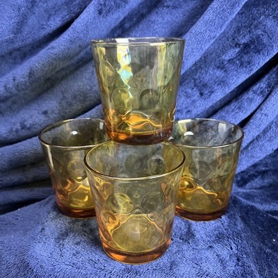 Hazel Atlas Glass Continental Can 4 Golden Amber Eldorado Dots 9 oz Tumblers