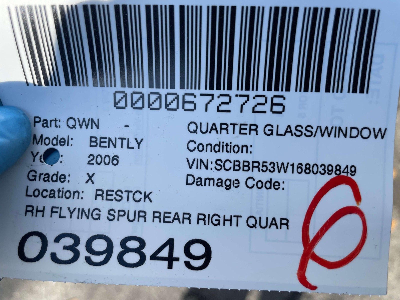 2006-2012 BENTLEY CONTINENTAL FLYING SPUR REAR RIGHT QUARTER GLASS WINDOW OEM