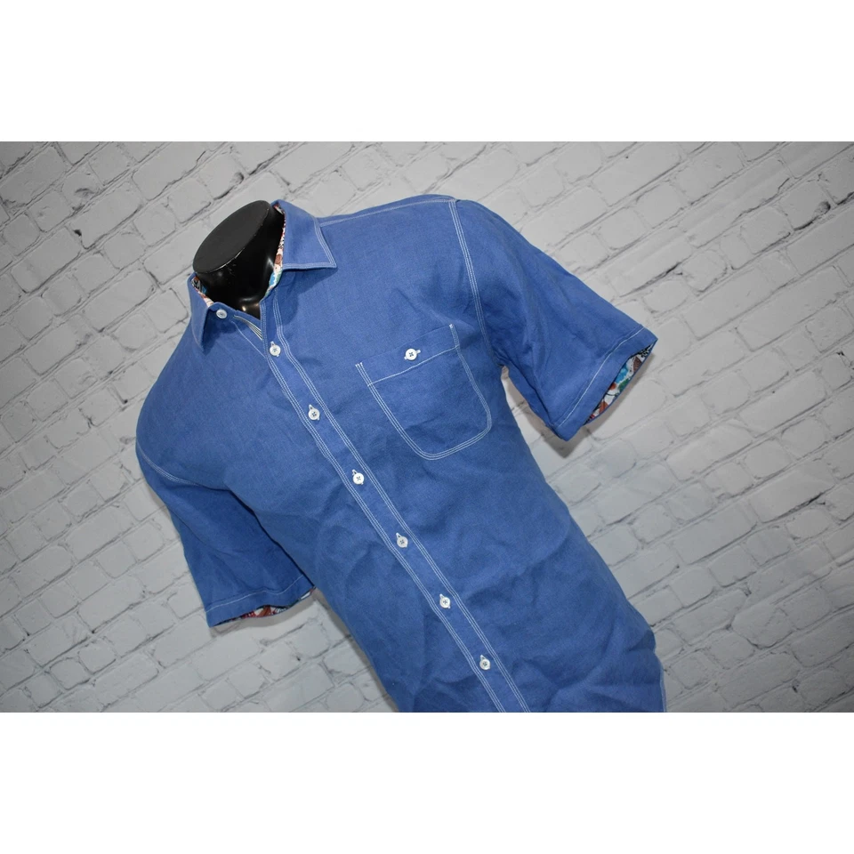 Bugatchi Uomo Linen Shirt Men Size XL Shaped Fit Blue Hawaiian Dress Button Down - Image 3 of 4