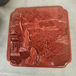 Antique vintage Chinese red cinnabar lacquer box raised decoration