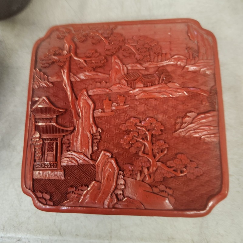 Antique vintage Chinese red cinnabar lacquer box raised decoration
