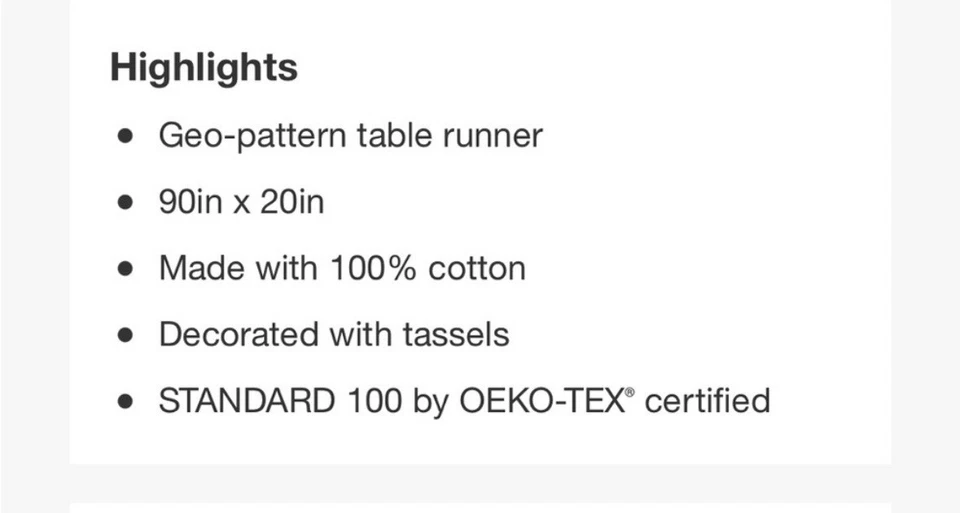 Opal House 100% Cotton Table Runner 20”x90”  Black geometric - Image 4 of 4