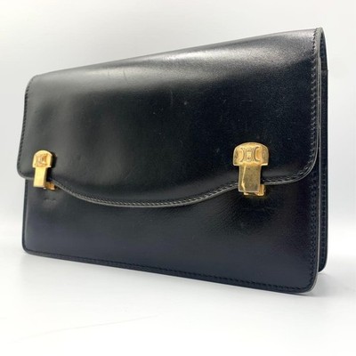 CELINE Triomphe Box Calf Leather Clutch Bag Black Gold Hardware Vintage France