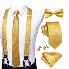 Mens Solid Suspenders Bowtie Skinny Necktie 6 Clips Strength Adjustable Brace...